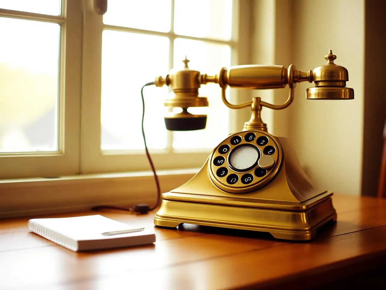 Vintage brass telephone and notepad on a sunlit wooden desk