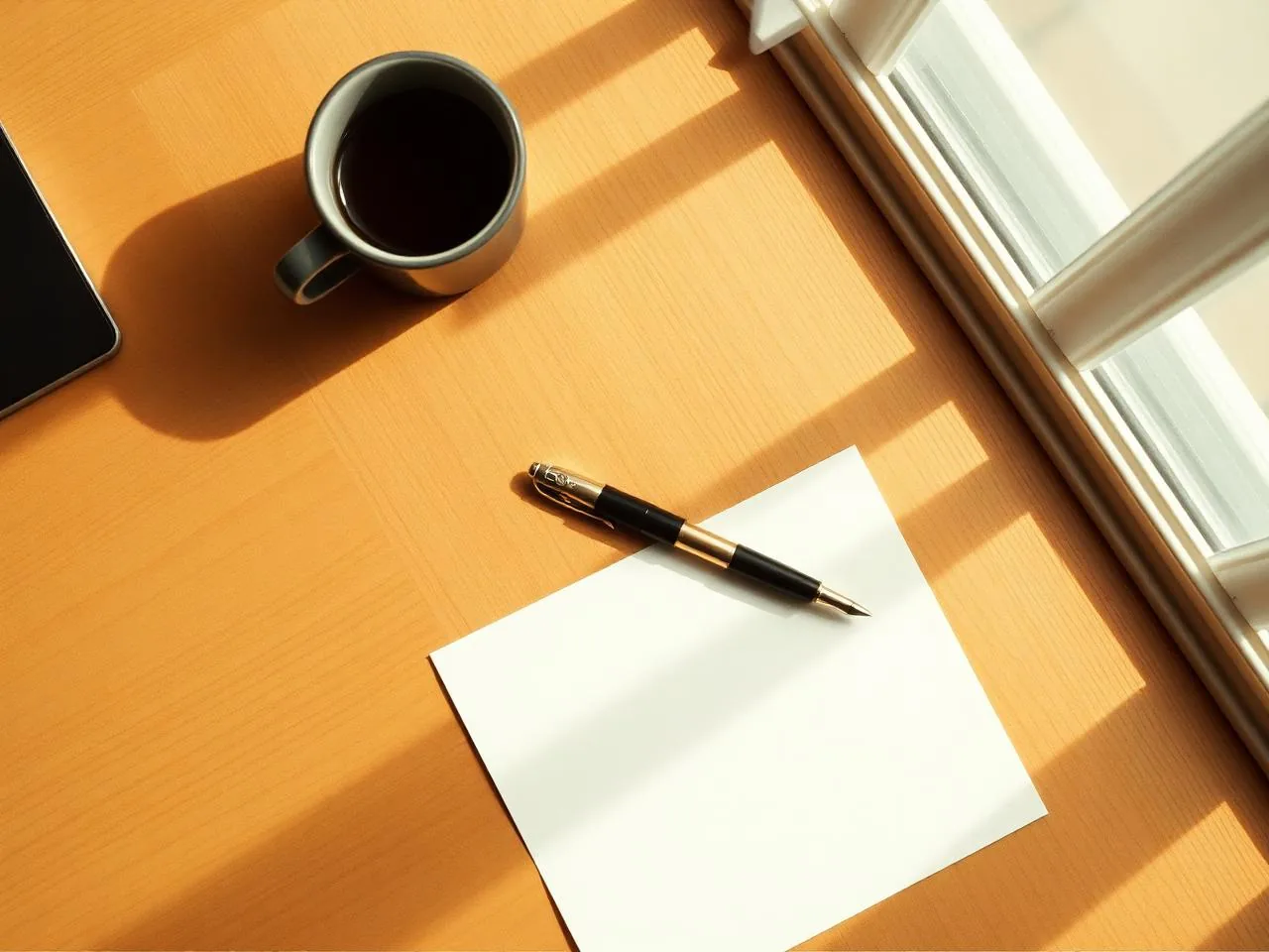 Single sheet of paper, fountain pen, and coffee cup on a wooden desk