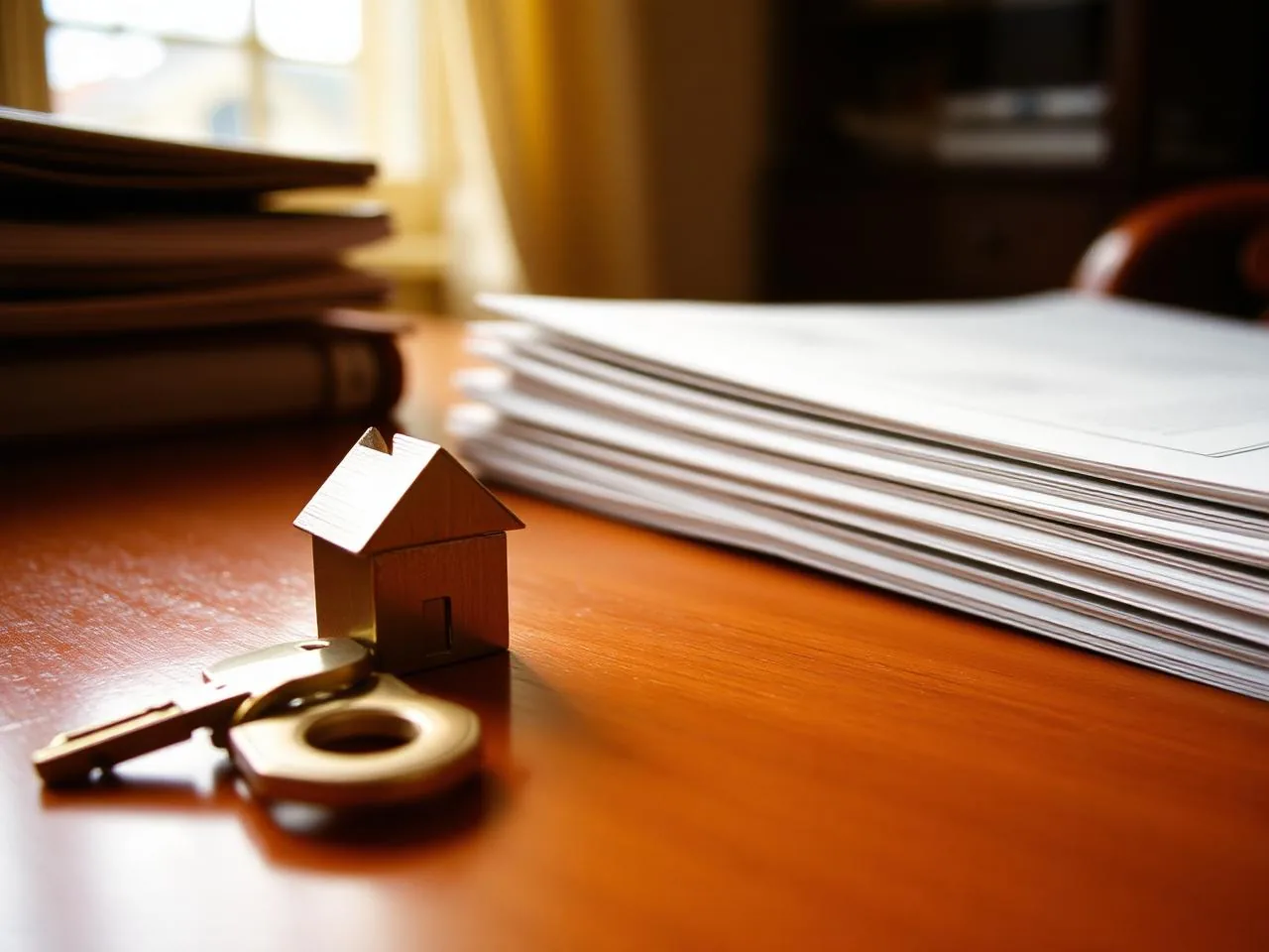 Brass house key and stack of closing papers on a title-company desk