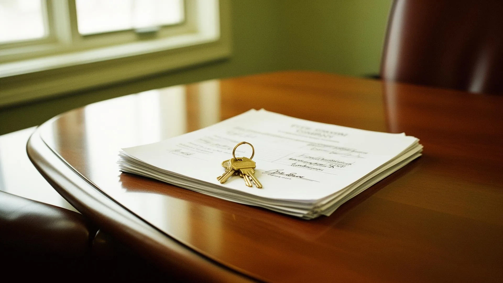 Title company closing table — keys and signed paperwork