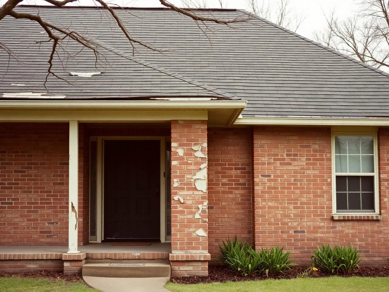 Weathered Fort Worth brick house with peeling paint and roof damage