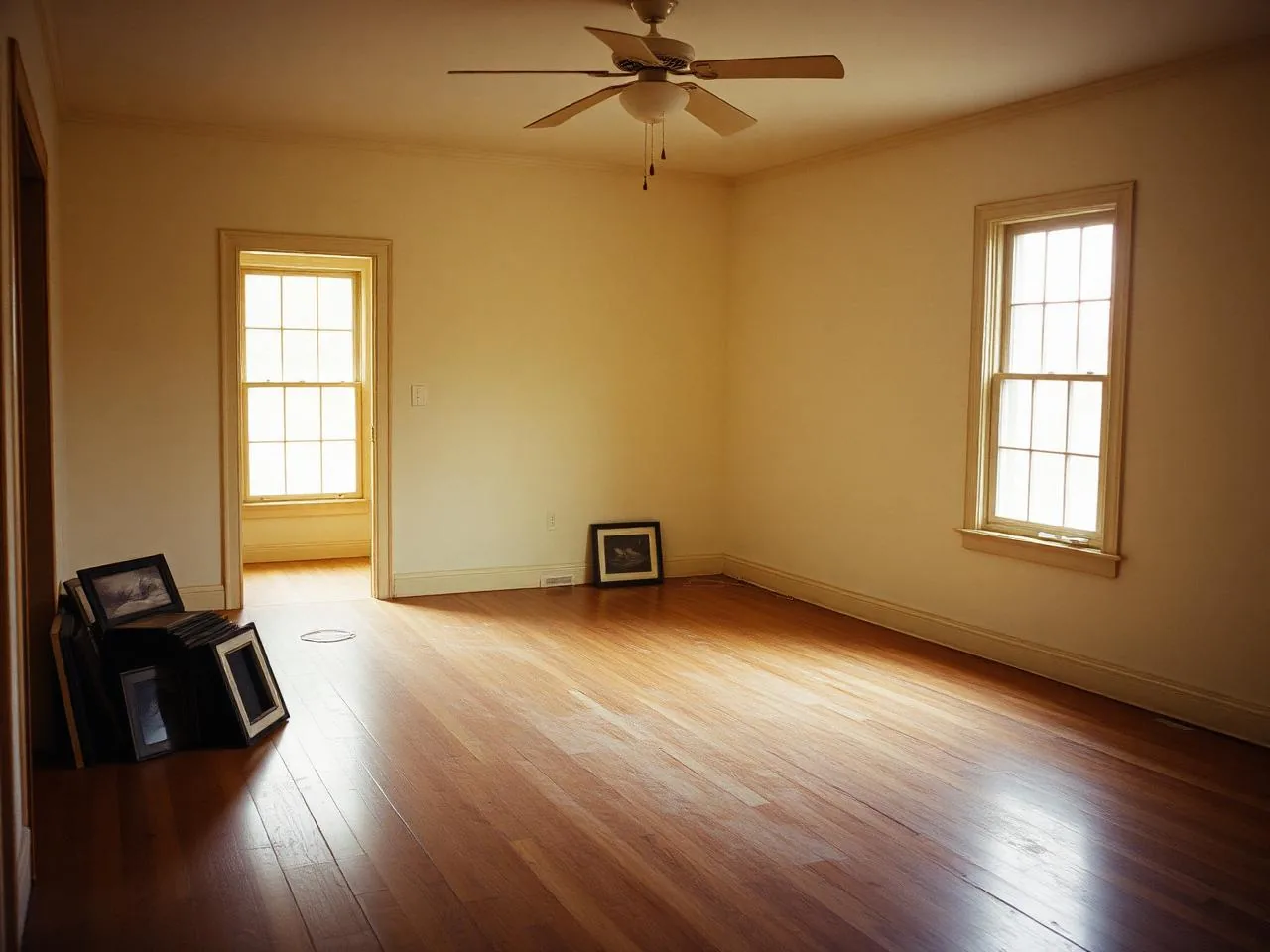 Empty inherited bungalow with hardwood floors and stacked picture frames