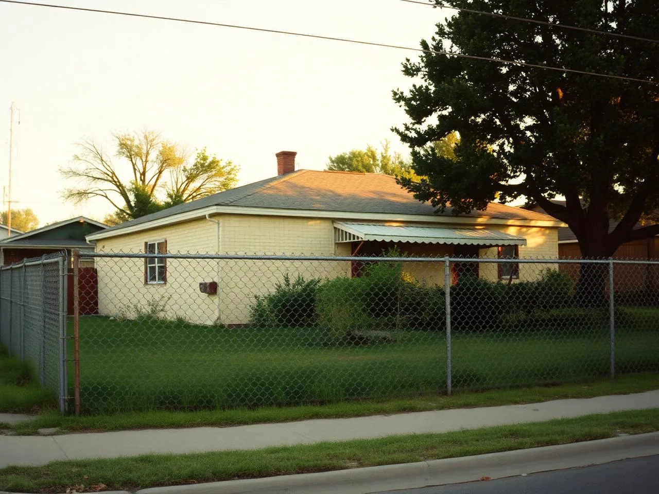 Modest Fort Worth rental house behind a chain-link fence at golden hour