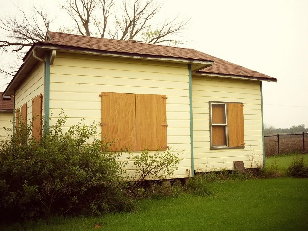 Vacant boarded-up small Texas house with overgrown yard