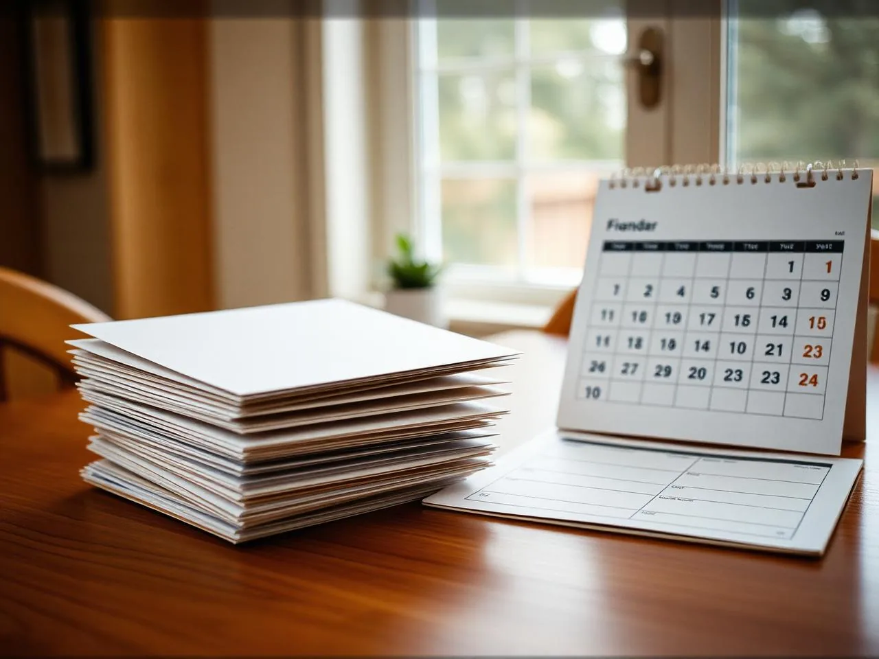 Stack of unopened envelopes and a calendar on a kitchen table