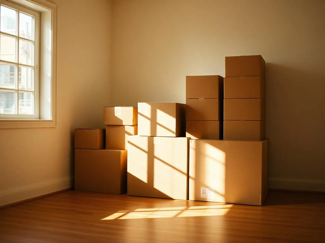 Cardboard moving boxes stacked in an empty sunlit room